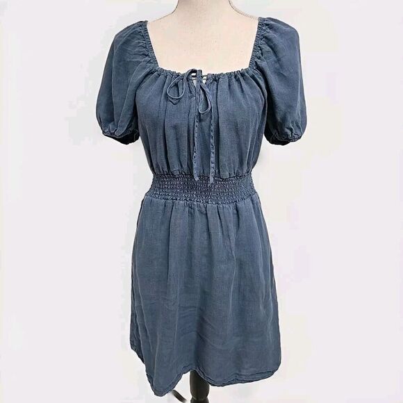 Anthropologie Cloth And Stone Linen Tie Front Mini Dress Pockets Blue Size XS - Picture 2 of 11